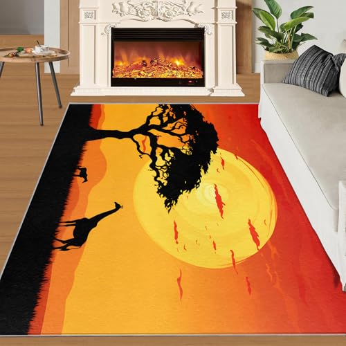 SANSJI Teppich mit Tier-Giraffen-Muster, 100 x 150 cm, Afrika, Savanne, schmutzabweisend, für Schlafzimmer, Sonnenaufgangslandschaft, waschbar, für den Innenbereich, verbranntes Orange, rutschfeste SANSJI Teppich mit Tier-Giraffen-Muster, 100 x 150 cm, Afrika, Savanne, schmutzabweisend, für Schlafzimmer, Sonnenaufgangslandschaft, waschbar, für den Innenbereich, verbranntes Orange, rutschfeste von SANSJI