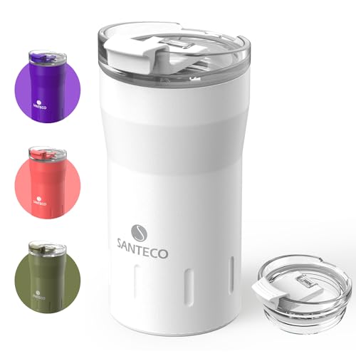 SANTECO Thermobecher 350ml, Kaffeebecher to go 18/8 aus Edelstahl Doppelwandig isoliert - Hält 6 Stunden Heiß - 100% auslaufsicher trinkbecher mit transparent deckel BPA-freier von SANTECO