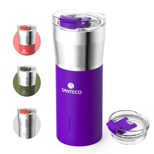 SANTECO Thermobecher 500ml, Kaffeebecher to go 18/8 aus Edelstahl Doppelwandig isoliert - Hält 6 Stunden Heiß - 100% auslaufsicher trinkbecher mit transparent deckel BPA-freier von SANTECO