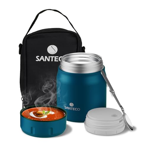 SANTECO Thermobehälter für Essen 500 ml, 18/8 Edelstahl Warmhaltebehälter Speisegefäß für Essen, Thermobecher Essen mit Löffel und Tragbarer Tasche, 12 Stunden Heiß & Stunden Kalt(Blau) von SANTECO