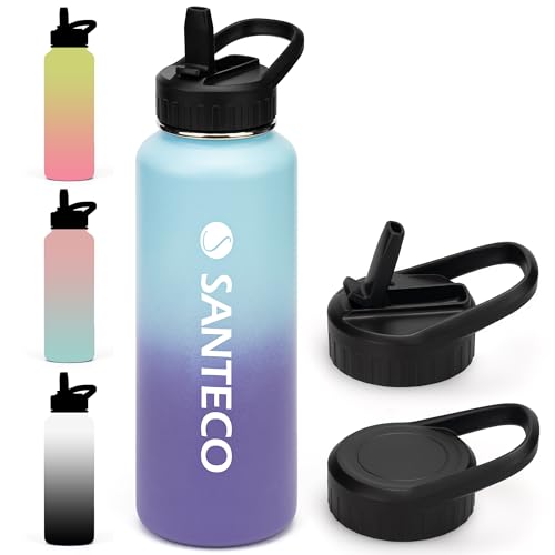 SANTECO Thermosflasche mit Strohhalm, Trinkflasche Edelstahl 1100ml BPA-Frei mit 2 Deckeln, Wasserflasche Farbverlauf isolierflasche Spülmaschinenfest für Reisen Camping Blau Violett von SANTECO