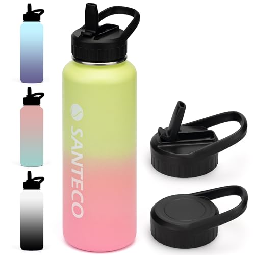 SANTECO Thermosflasche mit Strohhalm, Trinkflasche Edelstahl 1100ml BPA-Frei mit 2 Deckeln, Wasserflasche Farbverlauf isolierflasche Spülmaschinenfest für Reisen Camping Gelblich Rosa von SANTECO