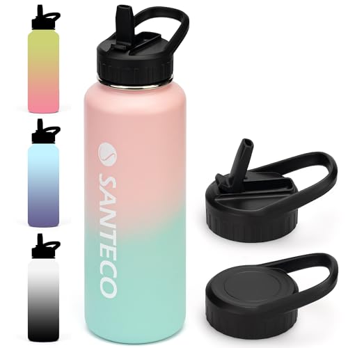 SANTECO Thermosflasche mit Strohhalm, Trinkflasche Edelstahl 1100ml BPA-Frei mit 2 Deckeln, Wasserflasche Farbverlauf isolierflasche Spülmaschinenfest für Reisen Camping Rosafarbenes Blau von SANTECO