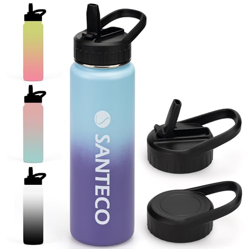 SANTECO Thermosflasche mit Strohhalm, Trinkflasche Edelstahl 710ml BPA-Frei mit 2 Deckeln, Wasserflasche Farbverlauf isolierflasche Spülmaschinenfest für Reisen Camping Blau Violett von SANTECO