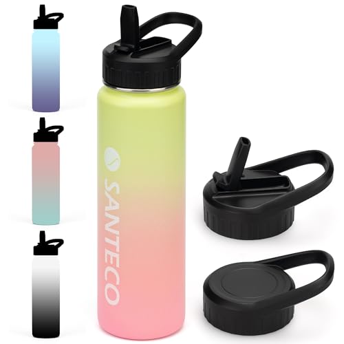 SANTECO Thermosflasche mit Strohhalm, Trinkflasche Edelstahl 710ml BPA-Frei mit 2 Deckeln, Wasserflasche Farbverlauf isolierflasche Spülmaschinenfest für Reisen Camping Gelblich Rosa von SANTECO