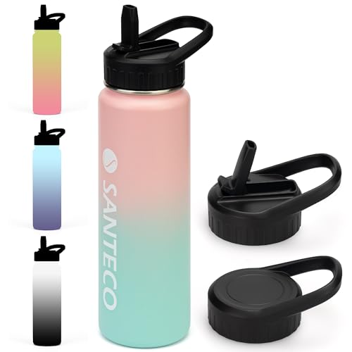 SANTECO Thermosflasche mit Strohhalm, Trinkflasche Edelstahl 710ml BPA-Frei mit 2 Deckeln, Wasserflasche Farbverlauf isolierflasche Spülmaschinenfest für Reisen Camping Rosafarbenes Blau von SANTECO