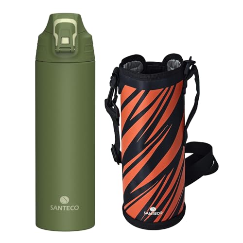 SANTECO Trinkflasche mit Leckage-Sicherheitssperre, Thermosflasche Edelstahl 1l BPA-Frei, isolierflasche mit Tragetasche, Wasserflasche Spülmaschinenfest für Reisen Camping Grün von SANTECO