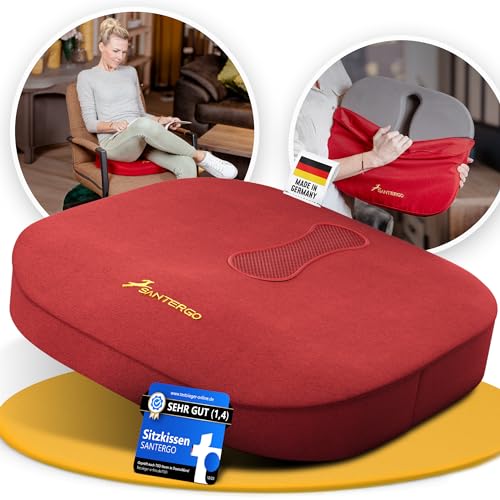 SANTERGO Orthopädisches Sitzkissen [PATENTIERT & FORMSTABIL] - Sitzkissen für Bürostuhl und Auto - Sitzkissen Stuhl, Sitzauflage Bürostuhl, Steißbeinkissen, Sitzpolster (Rot, Hard 90-125 kg) von SANTERGO