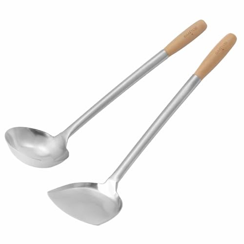 SANTOS 2-teiliges Wok-Set aus Edelstahl – Wokwender & Schöpfkelle mit Holzgriff – Perfekt für asiatische Gerichte – Länge ca. 45-46 cm – robust & langlebig von SANTOS