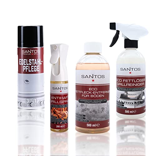 SANTOS 4er Set Reinigungs-Set - Grillreiniger - Eco Fleckentferner, Eco Fettlöser/Reiniger, BBQ Spray/Trennspray & Edelstahl Pflege - Rundum-Reinigung von SANTOS