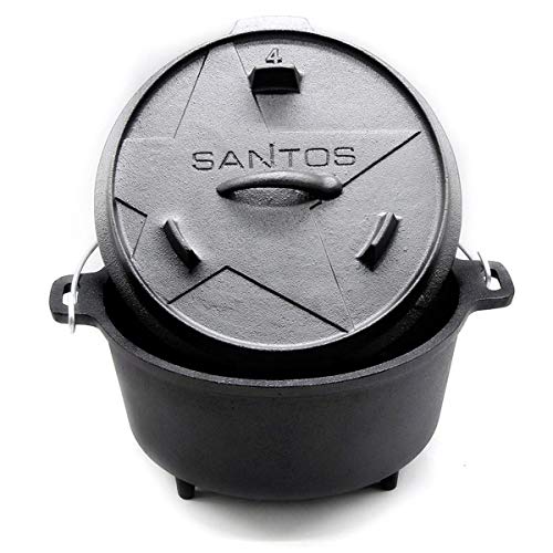 SANTOS Dutch Oven mit Deckel - Schmortopf für Außenküche - 3,7 L/4,5 Qt Feuertopf mit Füßen - Gusseisen - ideal für Lagerfeuer, Feuerstelle oder Grill von SANTOS