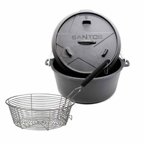 SANTOS Dutch Oven mit Deckel - inkl. Frittierkorb Ø 27,5 x9,5cm - 5,7 L/6 Qt Feuertopf - Gusseisen - ideal für Lagerfeuer, Feuerstelle, Kohle- oder Gas-Grill von SANTOS
