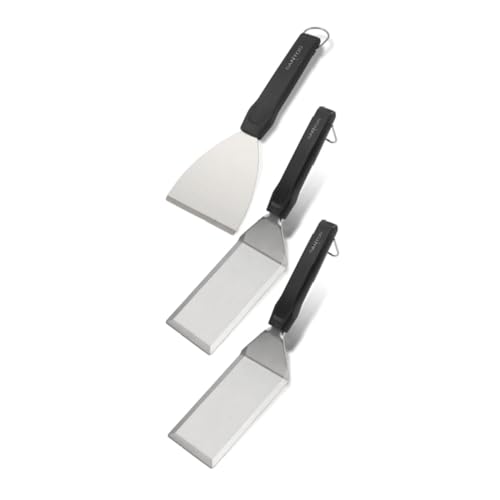 SANTOS Edelstahl Plancha Set 3-Teilig - 2 Grillspachtel, 1 Grillschaber - Plancha, Grillplatte & Teppanyaki - rutschfest - spülmaschinengeeignet von SANTOS