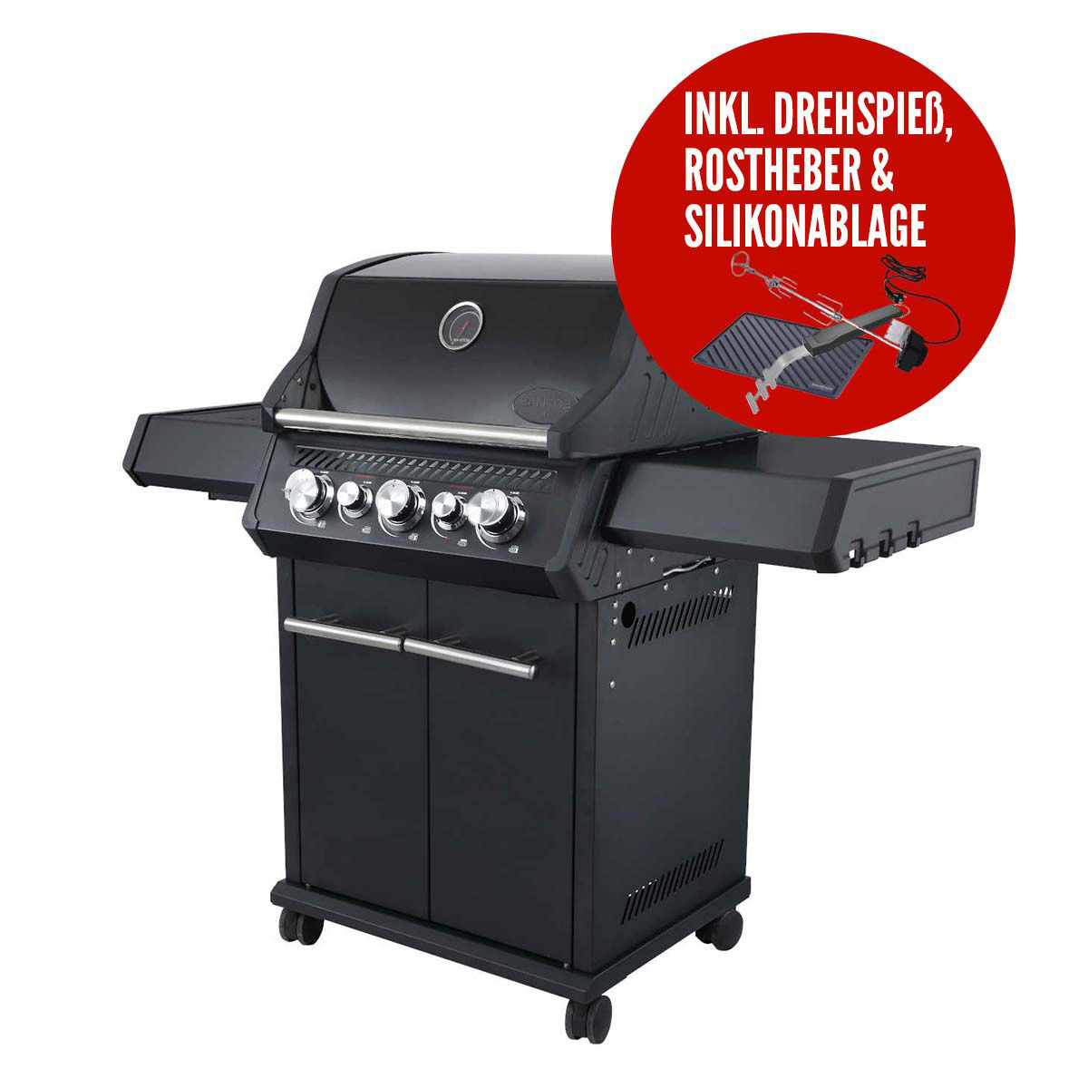 SANTOS Gasgrill S-318 | Seiten- & Heckbrenner, All Black inkl. Drehspieß, Rostheber & Silikonablage von SANTOS