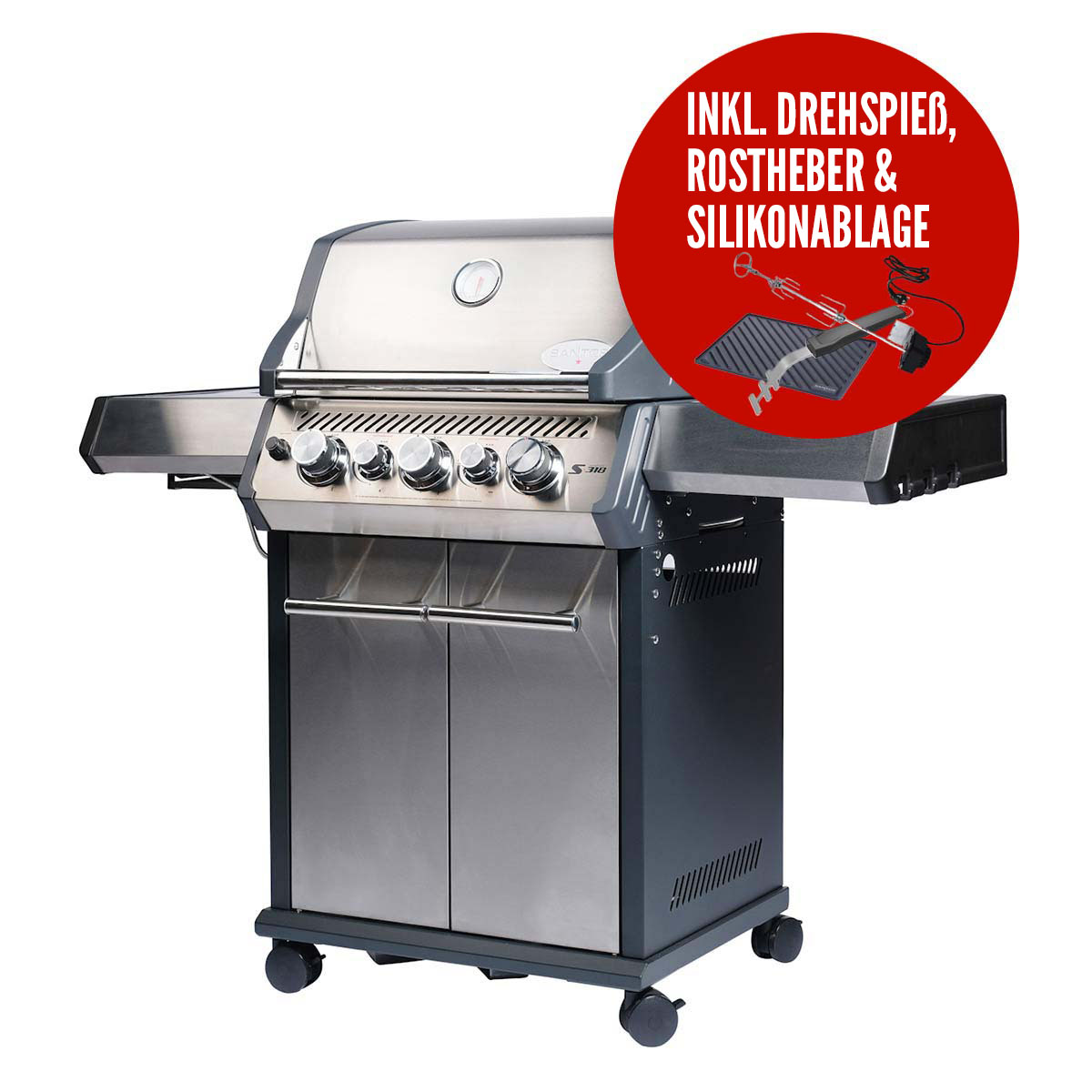 SANTOS Gasgrill S-318 | Seiten- & Heckbrenner, Edelstahl inkl. Drehspieß, Rostheber & Silikonablage von SANTOS