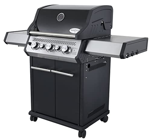 SANTOS Gasgrill S-318 schwarz - 3 Hauptbrenner, 800 °C Grillzone, Heckbrenner/Backburner, Gussgrillroste - inkl. Drehspieß, Rostheber & Silikonablage von SANTOS