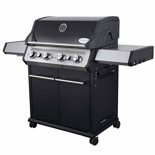 SANTOS Gasgrill S-418 schwarz - 4 Hauptbrenner, 800 °C Grillzone, Heckbrenner/Backburner, Gussgrillroste - inkl. Drehspieß, Rostheber & Silikonablage von SANTOS