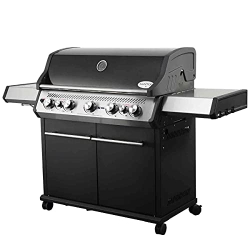 SANTOS Gasgrill S-518 Schwarz - 5 Hauptbrenner, 800 °C Grillzone, Heckbrenner/Backburner, Gussgrillroste - inkl. Drehspieß, Rostheber & Silikonablage von SANTOS