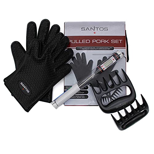 SANTOS Pulled Pork Set, 3-teilig - Pulled Beef - Fleischkrallen Set inkl. Thermometer & Grillhandschuhen - optimale Ergebnisse dank Vollausstattung von SANTOS