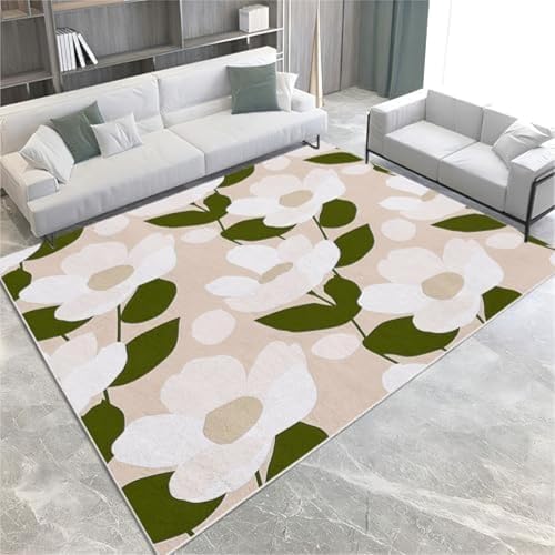 SANTPOT Beige Area Teppich Weiß Blumen Gedrucktes Design Kurzer Stapel Teppich Super Weicher Zotteliger Teppich Teppich Flur Läufer,140 X 200 cm von SANTPOT