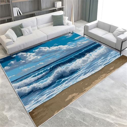 SANTPOT Blaue Teppich Teppich Für Wohnzimmer Schlafzimmer Ozeanwellen Bodenmatte Gedrucktes Design Weicher Teppich, von SANTPOT