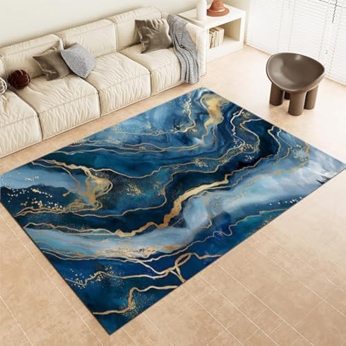 SANTPOT Blaue Teppich Teppiche Marmor Gold Linien Nicht rutschfeste Fläche Teppich Kurze Stapelbodenmatte Für Wohnzimmer Schlafzimmer Badezimmer Küche & Büro, SANTPOT Blaue Teppich Teppiche Marmor Gold Linien Nicht rutschfeste Fläche Teppich Kurze Stapelbodenmatte Für Wohnzimmer Schlafzimmer Badezimmer Küche & Büro, von SANTPOT
