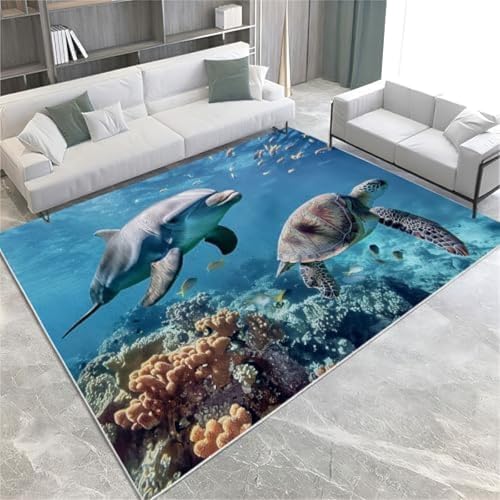 SANTPOT Blaue Teppich Teppiche Ozean Delphin Und Schildkrötenmaschinen Waschbarer Nicht Rutscher Kurzer Pfahl Teppich Für Wohnzimmer Schlafzimmer Hausdekoration Teppich, von SANTPOT