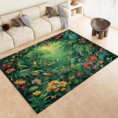SANTPOT Grüne Fläche Teppiche Grüne Waldtiere Und Blumen Kurze Haufen Weicher Teppich, von SANTPOT