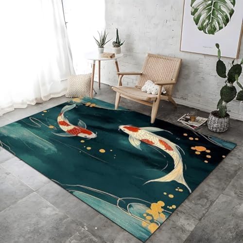 SANTPOT Grüne Lounge Teppiche, Teppich Innenteppich Orientalisch Koi Tintenmalerei Design Großer Teppich Teppich Atmungsaktiv Und Weich Für Schlafzimmer Küchen Schlafsaal, von SANTPOT