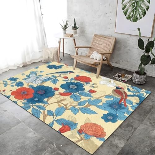 SANTPOT Handgezogene Blumen Und Vögel Design Teppich Für Schlafzimmer Bunte Kurze Haufen Waschbarer Teppiche Für Schlafzimmer Weich, von SANTPOT