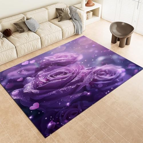 SANTPOT Lila; Bereich Teppiche Rose Purple Blume Waschbarer Plüsch & Flauschiger Nicht Rutscher Pfahlbodenmatte Für Schlafzimmer Esszimmer & Lounges, von SANTPOT