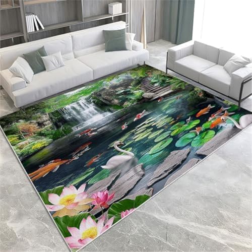 SANTPOT Nature Area Teppiche Lotus Teich Koi Waschbar Teppich Nicht Rutscher Weicher Akzent Teppich Für Wohnzimmer Schlafzimmer Hausbüro Küchendekoration Dekor, von SANTPOT