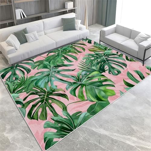SANTPOT Rosa Fläche Teppich Tropische Grüne Blätter Gedrucktes Design Kurzer Stapel Teppich Super Weicher Zotteliger Teppich Teppich Flur Runner Türbodenmatte, von SANTPOT