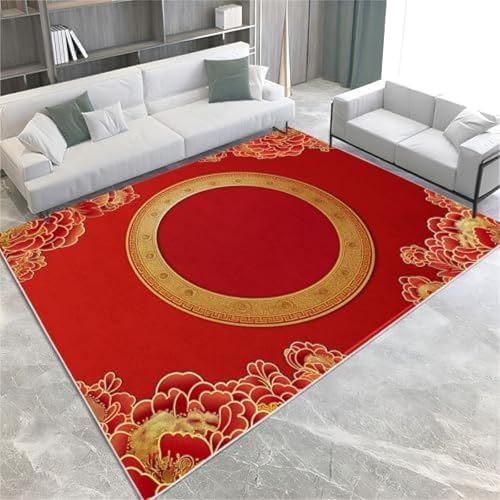 SANTPOT Rote Fläche Teppich Teppich Für Wohnzimmer Schlafzimmer Pfingstrosen Blumen Geometrische Kreis Bodenmatte Gedrucktes Design Weicher Teppich, von SANTPOT