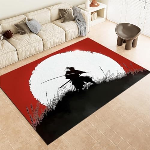 SANTPOT Rote Sonne Teppich Teppiche Japanische Krieger Silhouette Maschine Waschbar Nicht rutschfeste Kurze Pfahl Teppich Für Wohnzimmer Schlafzimmer Hausdekoration Teppich, von SANTPOT