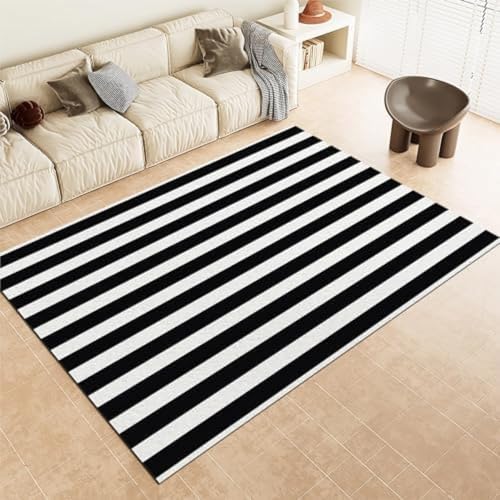 SANTPOT Schwarz-Weiß-Fläche Teppiche Einfache Geometrische Streifen Maschinenwaschbar Kurzer Pfahlbereich Teppich Nicht Rutschfrost, von SANTPOT