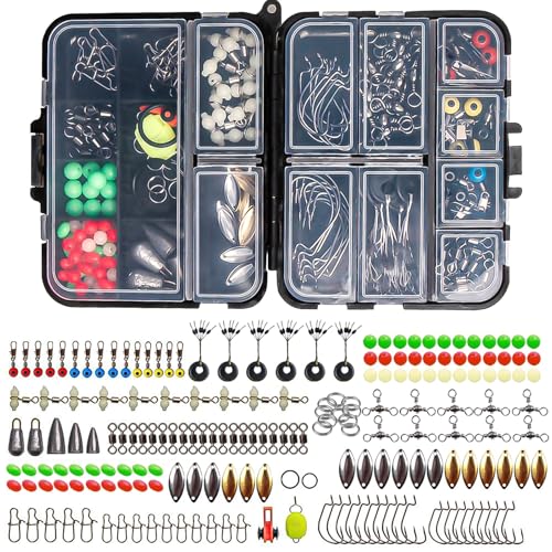 SANTUO 183Pcs Angeln Köder Zubehör Kit, Angelzubehör Inklusive Jig Haken Eisen-Gewichte Rolling Barrel Swivels Snaps Sinker Slides Swivel Kurbel Angeln Gear Set mit Tackle Box Karpfen Zubehör von SANTUO