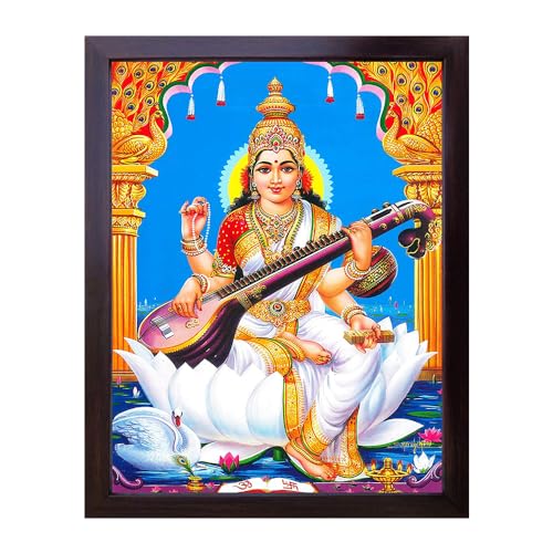 Göttin Maa Saraswati mit ihrem Saraswati Veena und sitzend auf Lotusblüte, Göttin des Wissens und der Weisheit, Poster Gemälde mit Rahmen für Anbetung, Wissen und Weisheit von SANVIKA