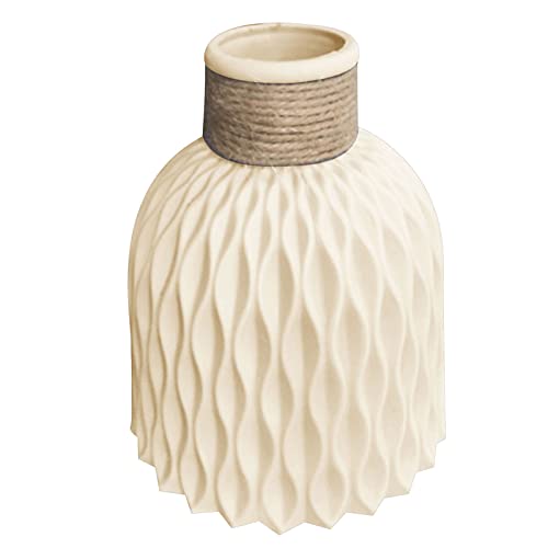 SANWOOD Geometrische Keramikvase, künstliche Blumen Bouquet Töpfe, moderne Pflanzen dekorative Vase, nordischer Stil Kunststoff Faux Keramik Gestreifte Vase Desktop Decor für Zuhause – Beige von SANWOOD