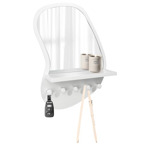 SANY DAYO HOME Moderner unregelmäßiger Wandspiegel mit Regal und 5 Haken, MDF-Rahmen für Eingänge, Badezimmer, Waschtisch, Schlafzimmer oder Wohnzimmer, 30 x 40 cm, Weiß von SANY DAYO HOME
