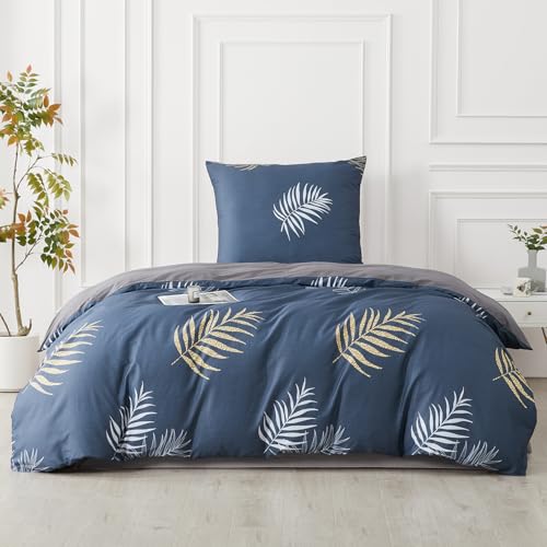 SAPHREAS Bettwäsche 135x200 Blau Bettwäsche Sets Baumwolle Blätter Pflanzen Botanisch Bettwäsche 2teilig Kuschelige 1 Dunkelblau Bettbezug 135x200 cm mit Reißverschluss + 1 Kissenbezüge 80x80 cm von SAPHREAS
