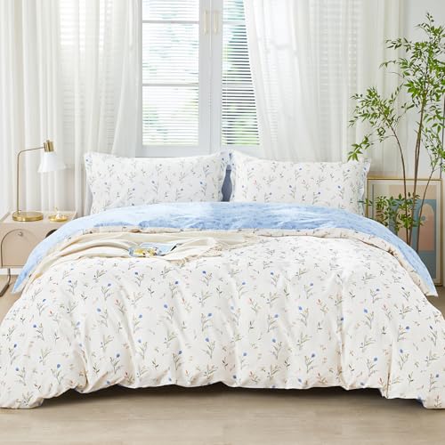 SAPHREAS Bettwäsche 155x220 Blumen Bettwäsche Sets Baumwolle Blau Pflanzen Botanisch Blumenmuster Bettwäsche 2teilig Kuschelige 1 Bettbezug 155x220 cm mit Reißverschluss + 1 Kissenbezüge 80x80 cm von SAPHREAS
