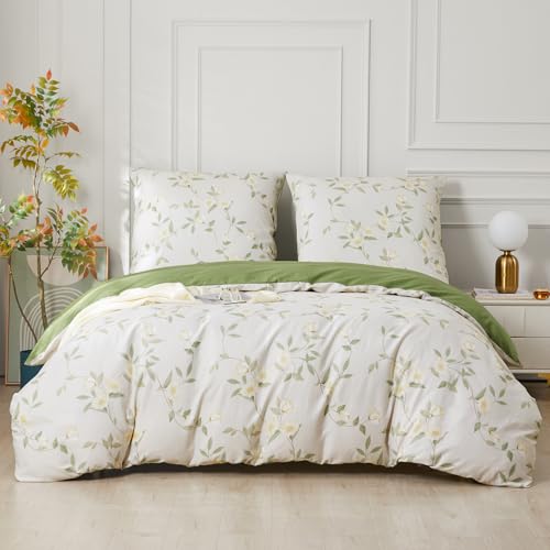 SAPHREAS Bettwäsche 200x220 Baumwolle Weiß Grün Bettwäsche Set Kuschelige Blumen Bettwäsche 3teilig 1 Bettbezug 200x220 cm mit Reißverschluss + 2 Kissenbezüge 80x80 cm von SAPHREAS