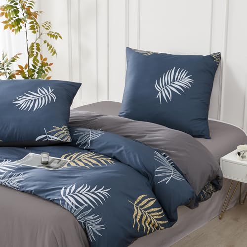 SAPHREAS Bettwäsche 200x220 Blau Bettwäsche Sets Baumwolle Blätter Pflanzen Botanisch Bettwäsche 3teilig Kuschelige 1 Dunkelblau Bettbezug 200x220 cm mit Reißverschluss + 2 Kissenbezüge 80x80 cm von SAPHREAS