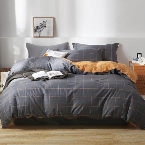 SAPHREAS Bettwäsche 200x220 Grau Bettwäsche Sets Baumwolle Grau Orange Karo Modern Bettwäsche 3teilig Kuschelige 1 Bettbezug 200x220 cm mit Reißverschluss + 2 Kissenbezüge 80x80 cm von SAPHREAS
