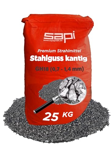 25 kg, SAPI Stahlguss kantig Strahlmittel, GH18 (0,7-1,4 mm), Körnung, Papiersack, Premium Strahlmittel zur Oberflächenbehandlung von SAPI