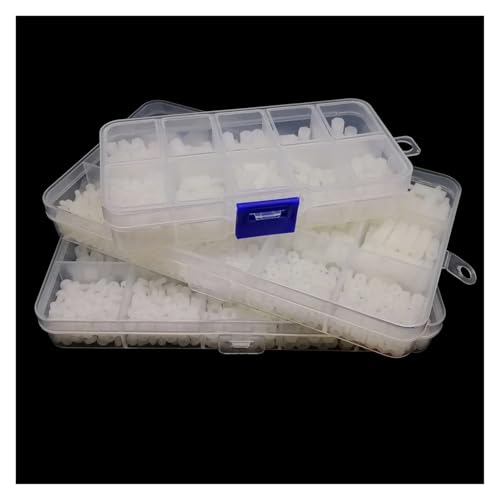 1 Box M2 M2.5 M3 M4 Weiß Kunststoff Nylon Isolierte Hex Abstandshalter Hexagon Säule Spacer Spalte Schraube Mutter Unterlegscheibe Sortiment Kit Set(M3 650pcs) von SAPIIKEF