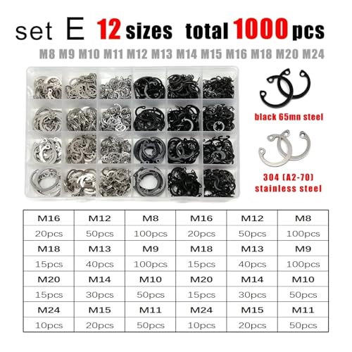 1 Box M8-M24 Sortimentssatz C-Typ Innensicherungsring Halteloch Clip Sprengring GB893 304 Edelstahl Schwarz 65mn Stahl(Set E 1000pcs) von SAPIIKEF