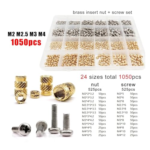 Rändelmuttern aus Messing mit Hitzeeinwirkung for 3D-Druck und Kunststoff – Gewindeeinsätze-Kit M1,4 bis M6(M2M2.5M3M4 1050pcs) von SAPIIKEF