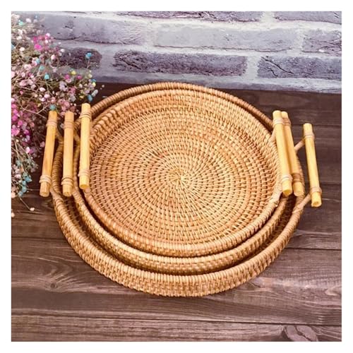 SAPIIKEF 1 x gewebter Aufbewahrungskorb aus Rattan mit Riemengriff, rundes Tablett for Brot, Snacks, Obst, Picknick – Korb for die Heimorganisation(3PCS) von SAPIIKEF